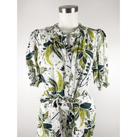 Boden Sz US 10 Smocked Linen Shirt Dress White Floral Green Bird Leaves Resort - Picture 3 of 11